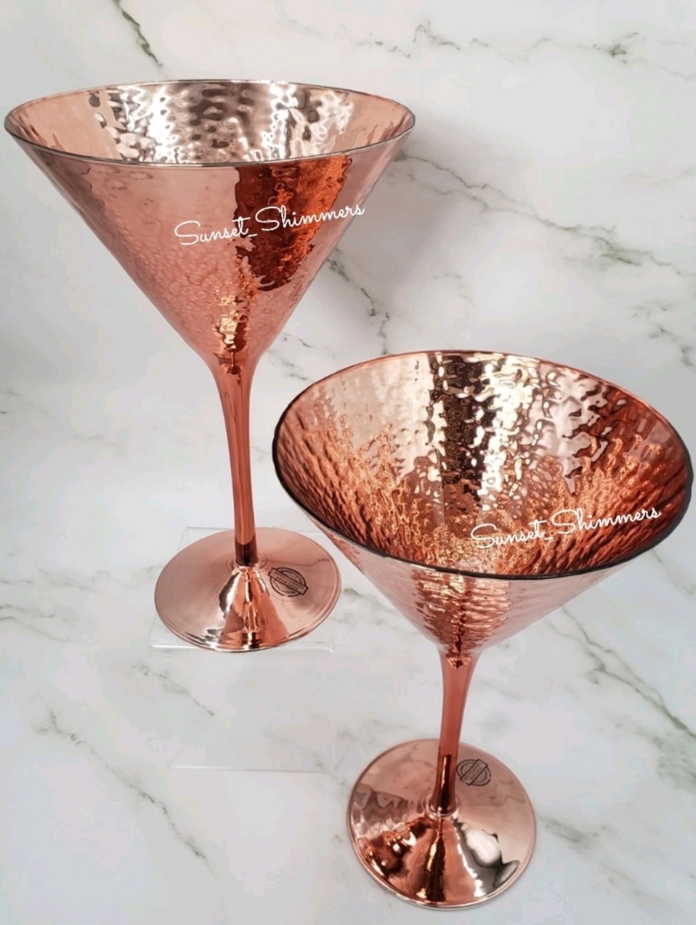 x2 Tommy Bahama Copper Rose Gold Metallic Hand Hammered Look Martini Glass Set